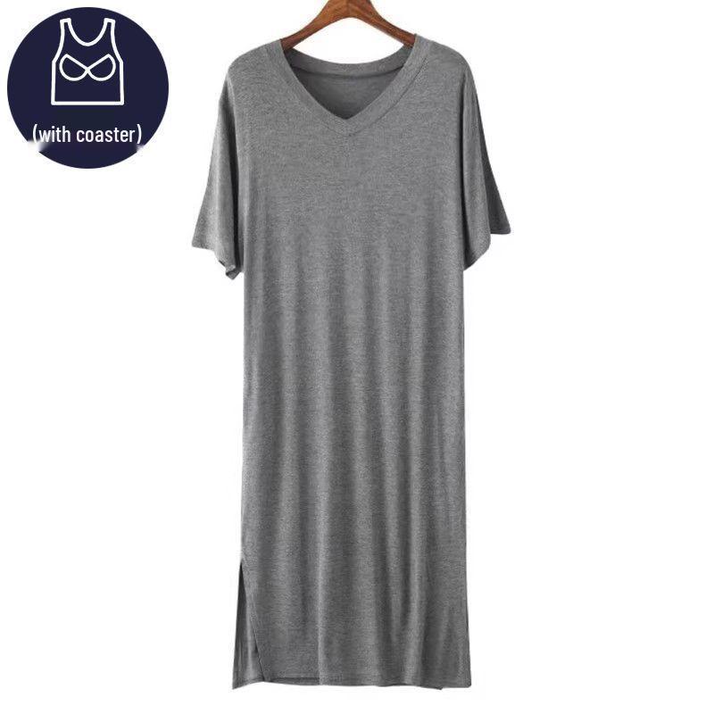 Women's Plus Size Modal Nightgown with Bra Pads - Summer Loose Fit, Short Sleeve, Long Style