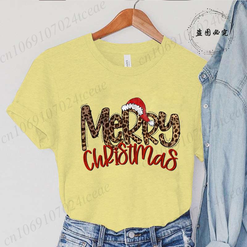 Leopard Merry Christmas Print TShirts Crew Neck Tshirt Casual Short Sleeve Top for Christmas Unisexs Clothing Tshirt Top