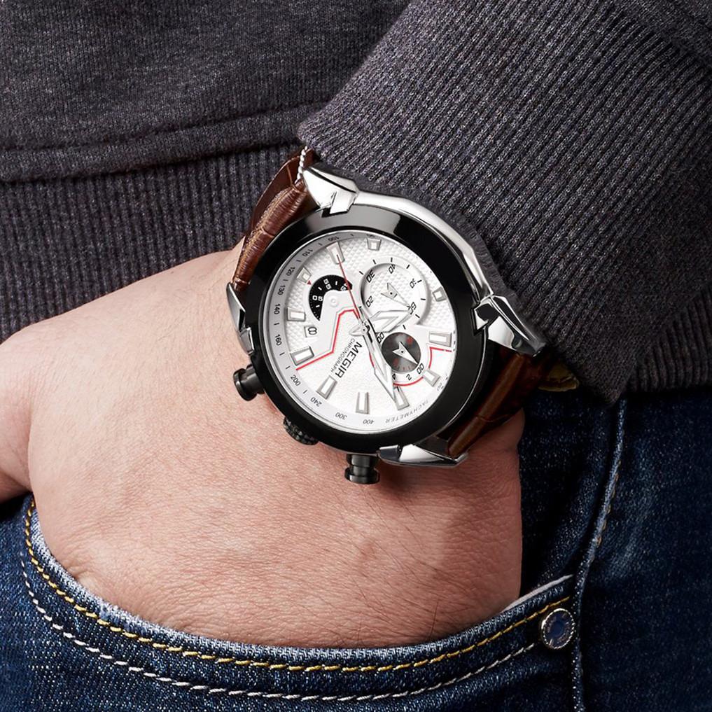 Megir Vojenské sportovní hodinky pánské luxusní kožené vojenské hodinky značky Quartz Hodiny pánské kreativní chronograf
