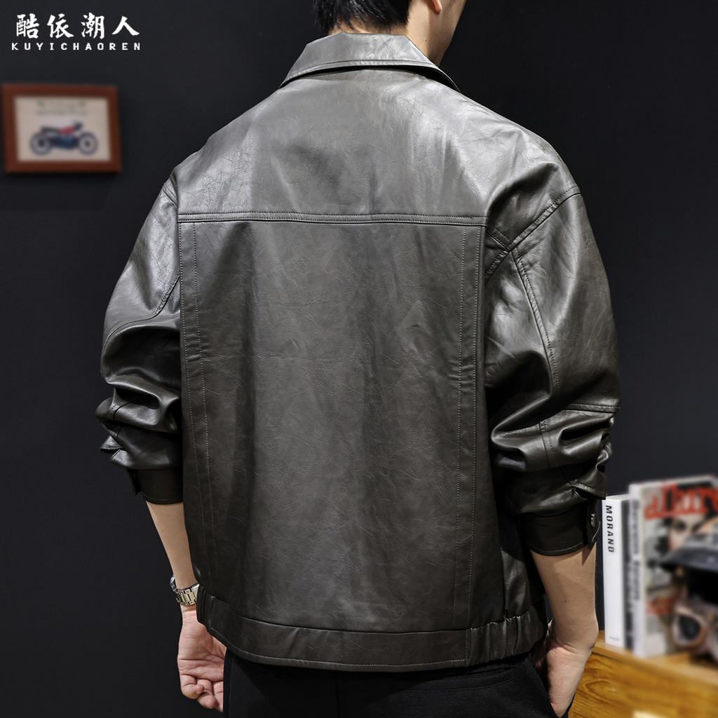 "Wire" simulated cowhide embossed PU leather retro locomotive leather jacket men's autumn large size leather jacket