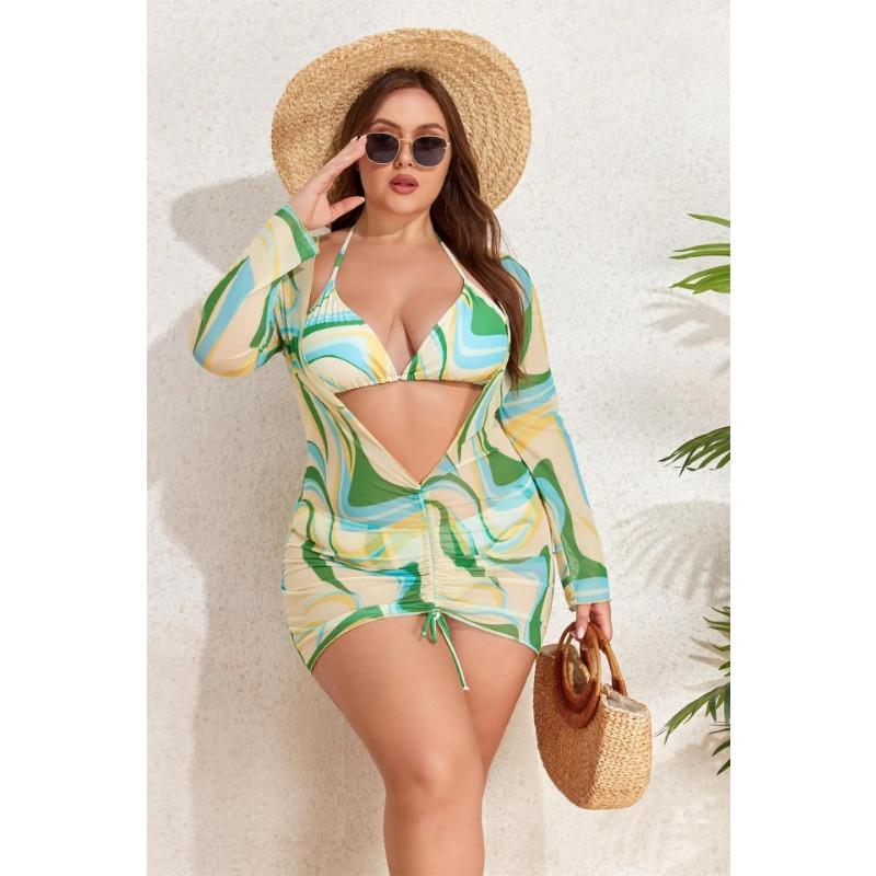 2025 Print 3 Piece Long Sleeve Smock Plus Size Push Up Bikini Women High Waist Big Swimsuit Beach Chubby Bathing Suit