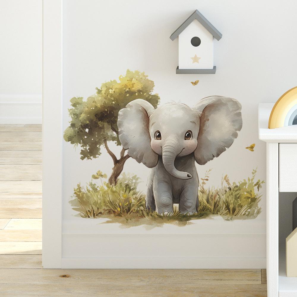 Cartoon Elephant Trees Wall Sticker Self-Adhesive Removable Kids Room Bedroom Hallway Dorm Home Decor