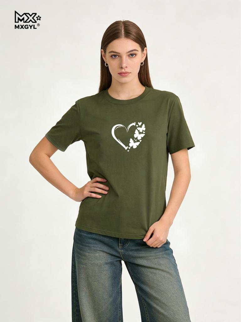 Lovely Heart Butterfly Printed T-shirts For Women High Quality Breathable Tees Ladies Home Outdoor Casual Sports Fashion Tops