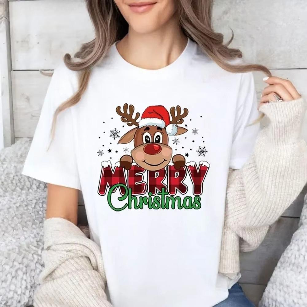 Unisex Merry Christmas Reindeer Graphic Tshirt Santa Hat Print Crew Neck Short Sleeve Holiday Party Casual Tee For Unisex Unisex