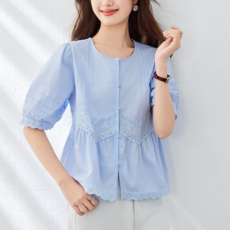 Spitzen-Häkel-Puffärmel-Top für Damen Sommer Neuestes Entspannter Schnitt und Vielseitig V-Ausschnitt Stilvoll Baby-Top