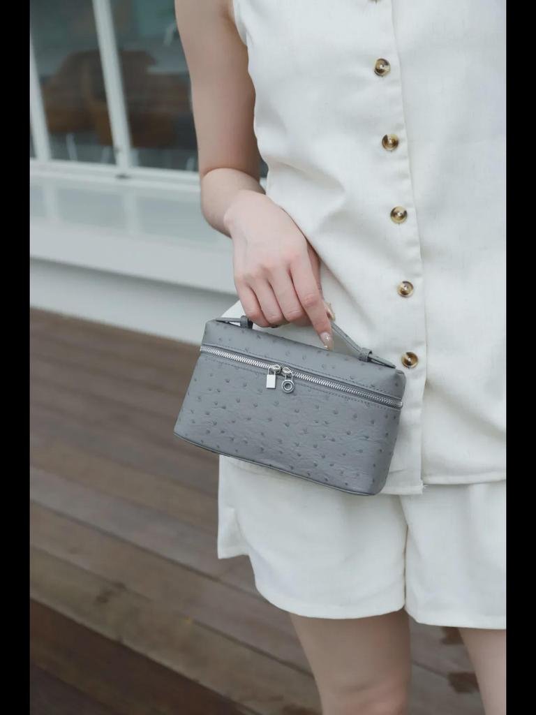 Genuine Leather Ostrich Pattern Women's Lunch Box Bag - Small Handheld Cowhide Cosmetic Messenger Bag