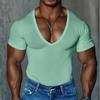 Herren Deep V-Ausschnitt Kurzarm T-Shirt Slim Fit Muskel Lässig Einfarbiges Oberteil