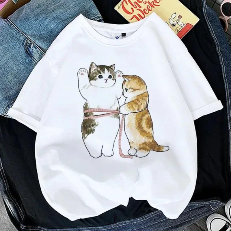 Kawaii Cat Women Print Funny T-shirt Girl Animal Y2K Fashion 90S Print Tops Tee Gril Black White Clothes Drop Ship T-Shirts Women’s