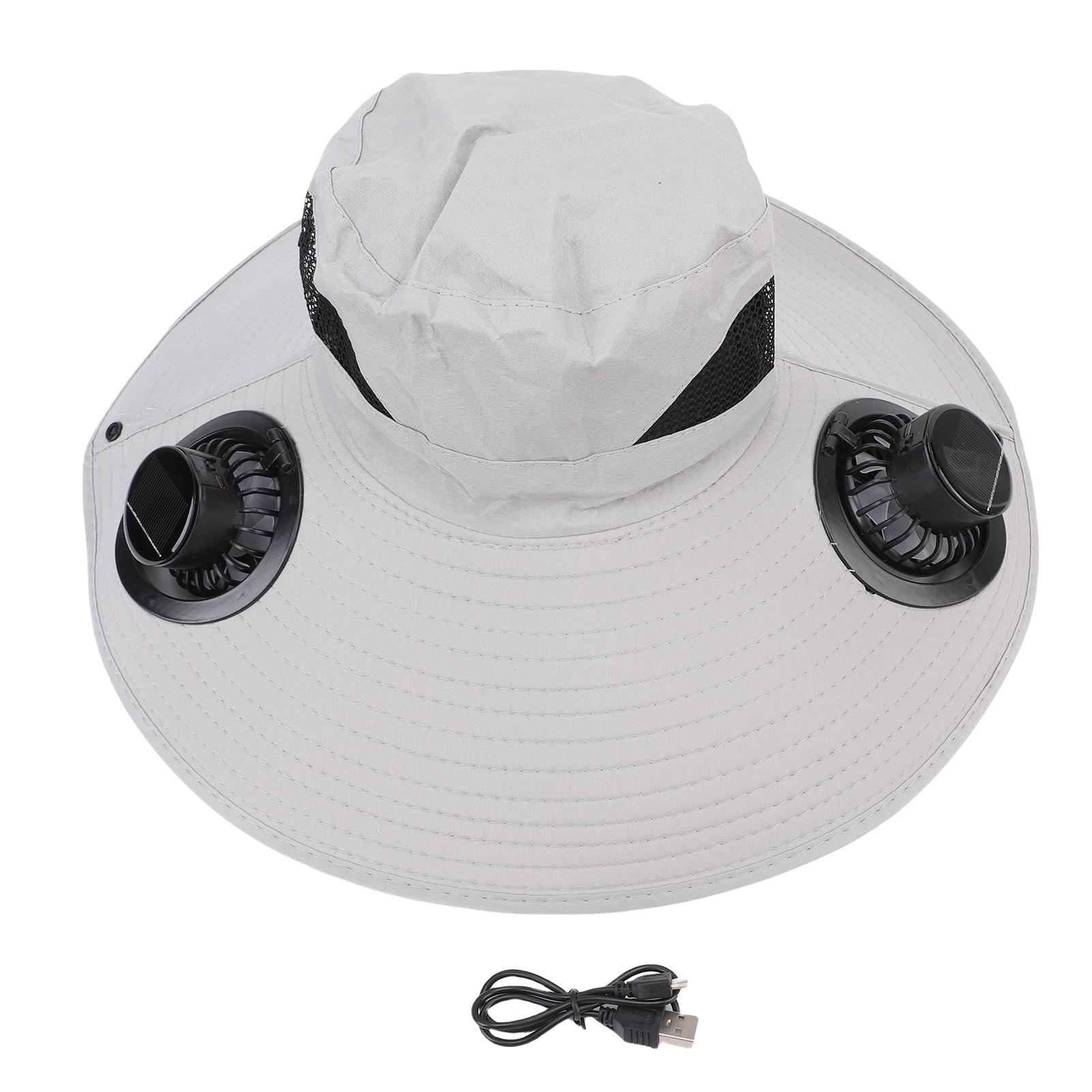 Chapeau Ventilateur Solaire Vitesse du Vent Réglable Chapeau Bob à Large Bord avec 2 Ventilateurs Solaires Imperméable pour Randonnée Camping Light Grey