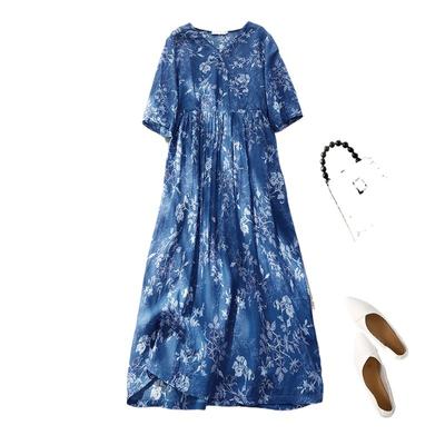 Scatto Reale Estate Nuovo Abito Scollo a V Stampato Sopra il Ginocchio Ampio Retro Fiore Blu Gonna Abbigliamento da Donna