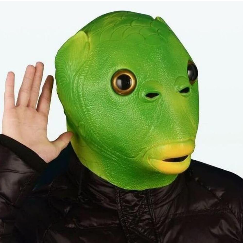 [YFFSFDC] Green Fish Head Mask, Fishman Mask, Funny Animal Mask, Rubber Mask, Halloween Cosplay, Green Head Monster Costume Prop (A)