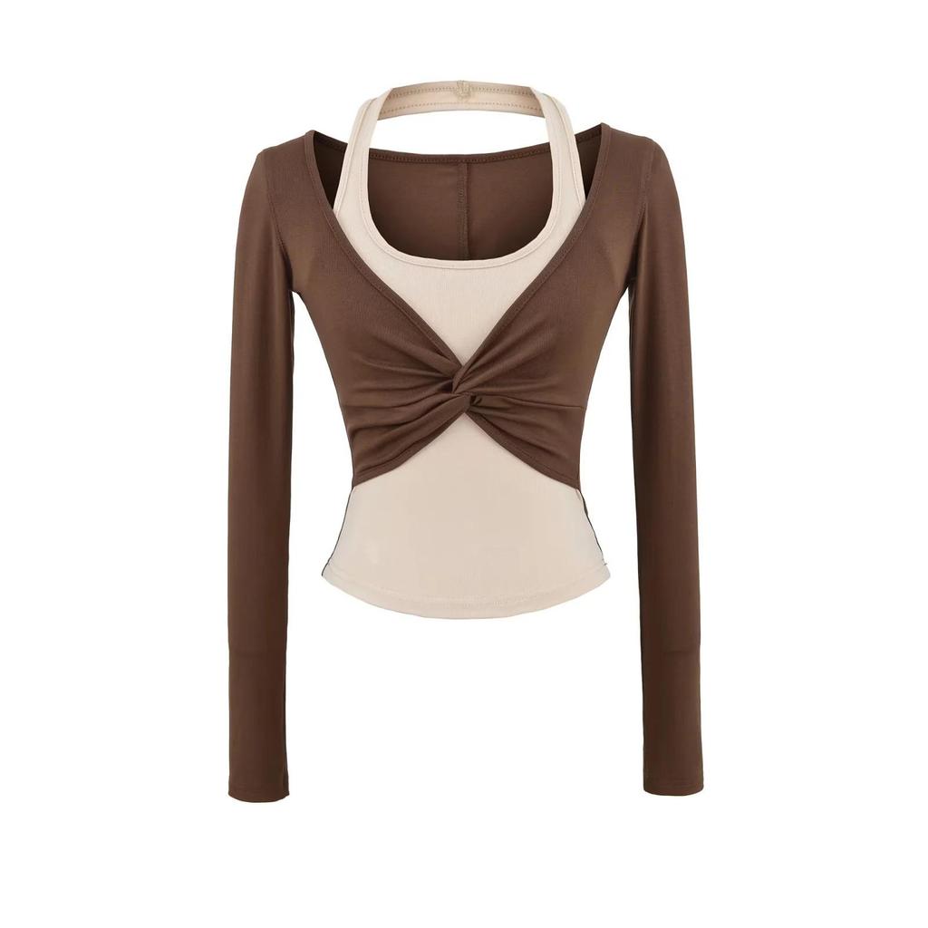 American Spicy Girl Colorblock Twisted Long Sleeve Contrast Halter Shirt - Women's Spring/Autumn Slim Fit 
