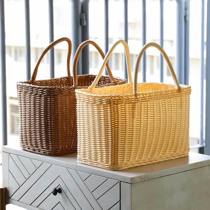 Rattan-Look Iron Frame Handbasket: Plastic Woven Flower, Vegetable, Shopping, Wedding Gift, Outdoor Restaurant Storage Basket.