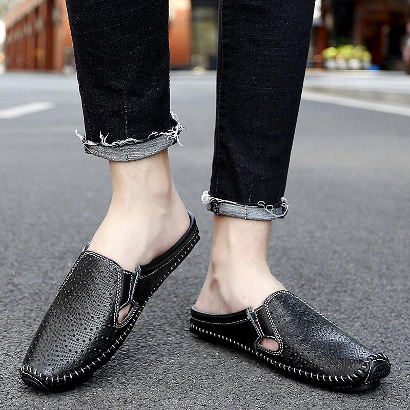 Large Plus Size 45 46 Semi-Drag Casual Shoes Mens Mules Summer Genuine Leather Slip On Half Shoes For Men Loafers Slippers Flats