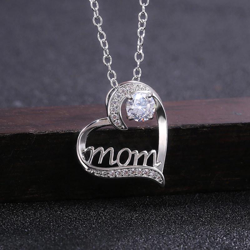 Silver Hollow Heart MOM Letter Pendant Necklace Round Big CZ Crystal Mom Gift Necklace for Mother's Day Women Jewelry