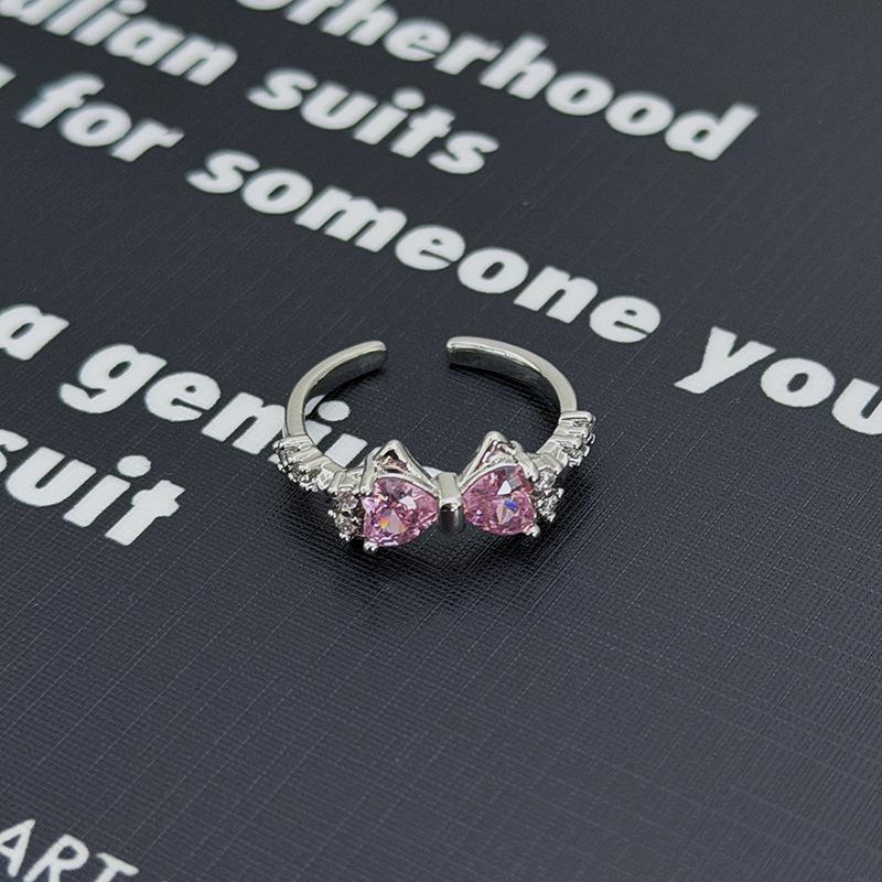 Süßer Mädchenstil Silber-Rosa Diamantenbesetzter Schatz Schleife Stern Krone Offener Ring Nische Stapelring Frau