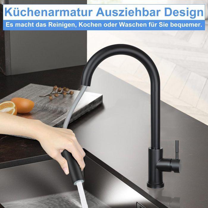 Robinet de cuisine - NETTLIFE - Modèle standard - Noir inox - Douchette extensible 360° - 2 jets