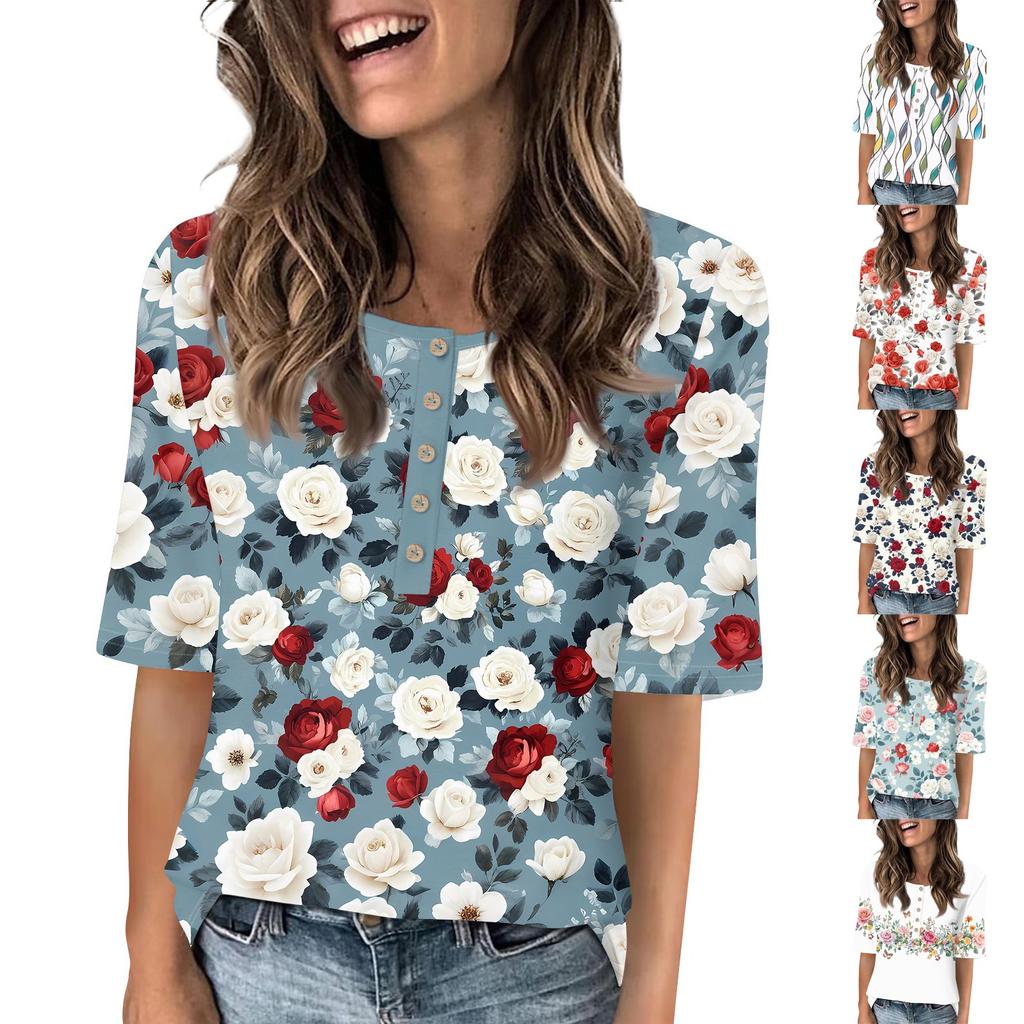 Shirts For Women Trendy Round Neck Button T Shirts Printed Blouse Half Sleeve Tops For Women
