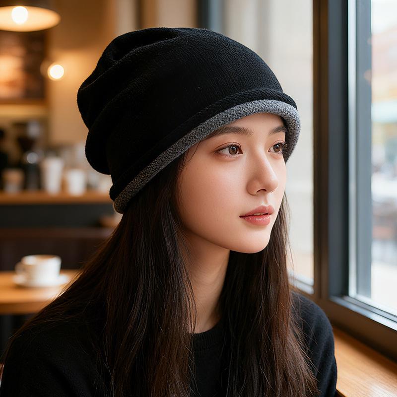 

Шапка с двойным отворотом для женщин, подчеркивающая лицо, шапка с маленьким ворсом, теплая вязаная шерстяная шапка, большой окружности головы, пуловер, шапка от холода M（56-58cm）