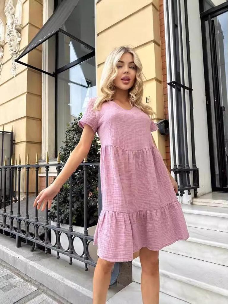 Summer 2024 Women's European & American V-Neck Casual Short Sleeve Flowy Dress
