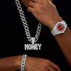 Fashion Full Diamond Money Pendant 15Mm Rhombus Cuban Chain Necklace Bracelet Men'S Watch Set Hip Hop