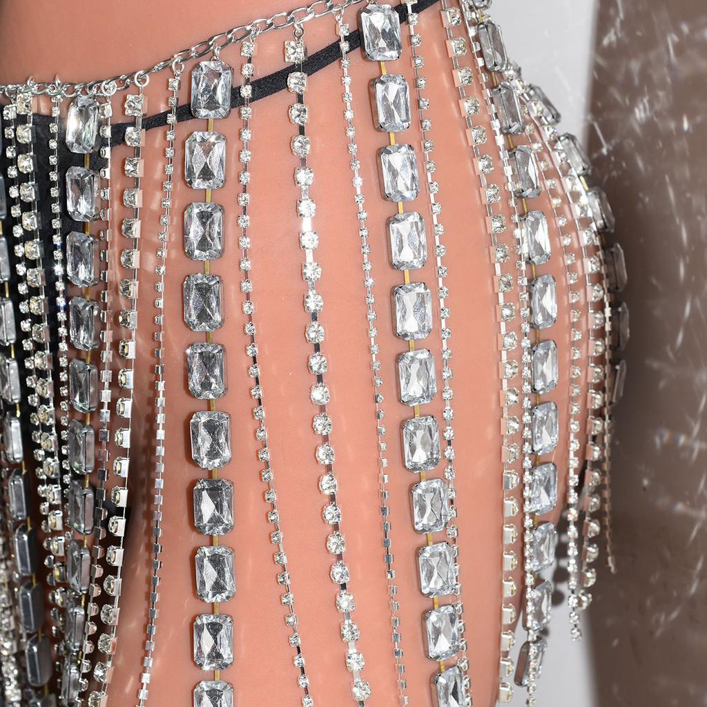 Female Rhinestone Body Chain Silver Crystal Waist Belt Dance Skirt Silver Tassel Belly Chain Women