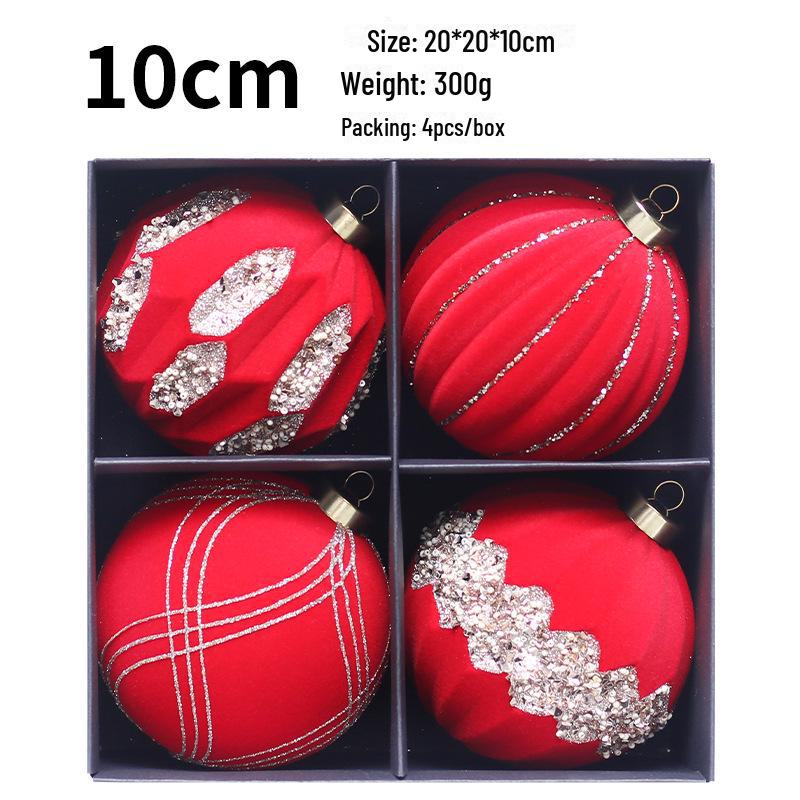 10cm Diamond Flocked Christmas Ball Ornaments - Set of 4