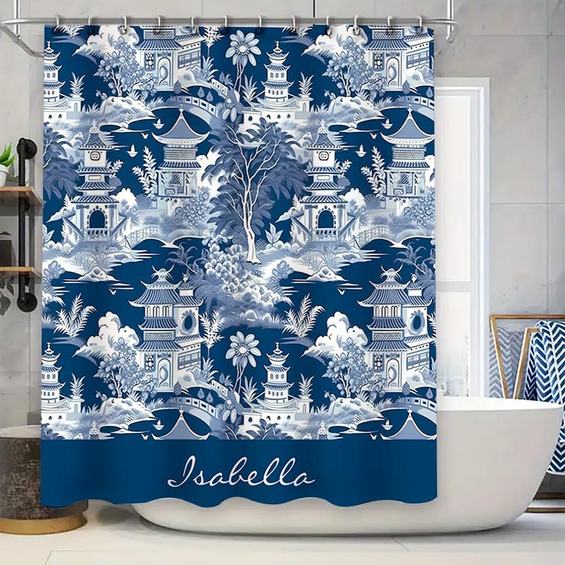 

Modern Vintage Blue White Shower Curtain With Name For Bathroom Decor Waterproof Fabric In Various Sizes Available W60H190(CM)-1 Pcs