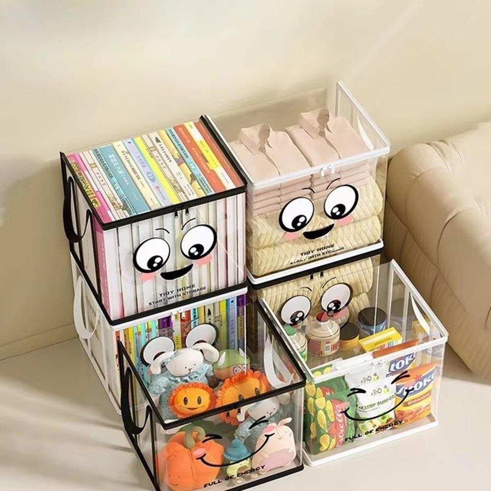 Große quadratische Buchaufbewahrungstasche PVC Transparenter Deckel Design Aufbewahrungsbox Reißverschluss Fröhliches Gesichtsmuster Organizer-Behälter Heimorganisation