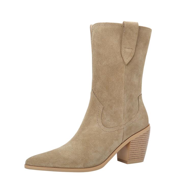 Fashion 2025 New Autumn/winter Women's Boots Pointed Toe Chunky Heel Short Boots Cow Suede Western Boots Shoes for Women High Heels