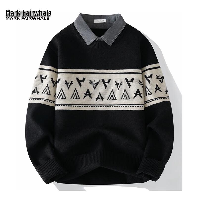 Mark Fairwhale Men's Faux Two-Piece Shirt Collar Knitted Sweater