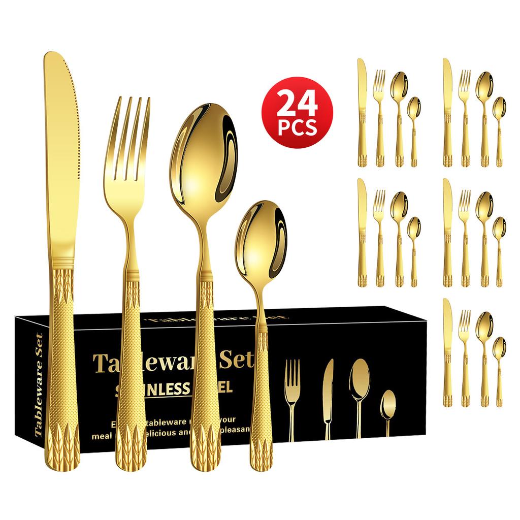 Stainless Steel Embossed Handle Western Food Hotel Tableware Knife, Fork and Spoon Dessert Spoon 24 Pieces Suit