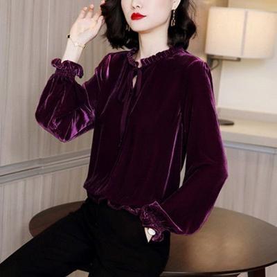 Women's Gold Velvet Blouse Spring Autumn Retro Loose Long-sleeved Bottoming Shirt Pullover Tops