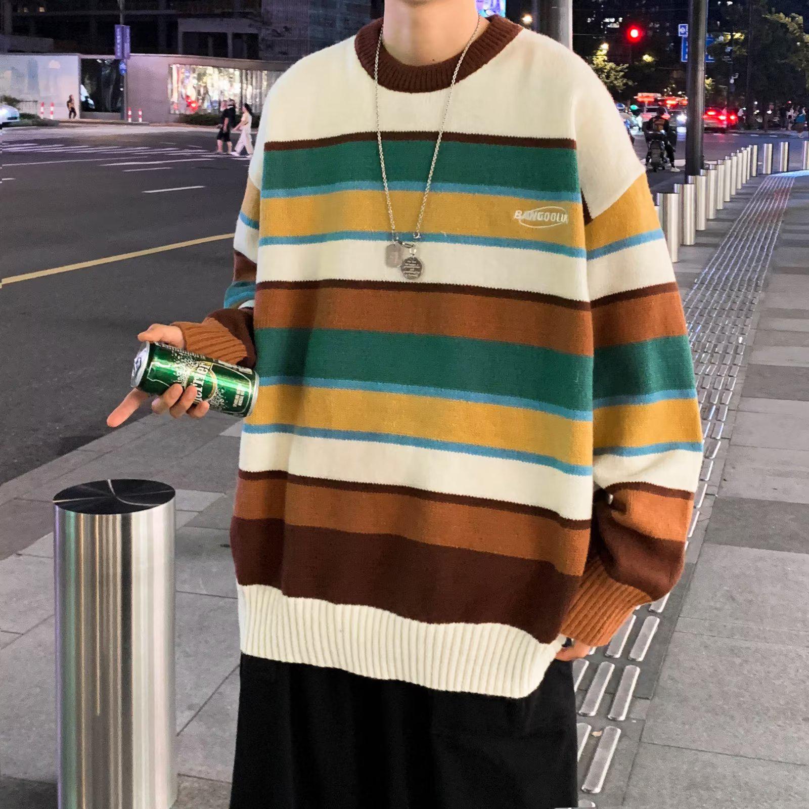 

Men s Retro Color-Blocked Striped Sweater - Soft, Cozy, Loose-Fit Knitwear for Autumn/Winter Casual Wear XL