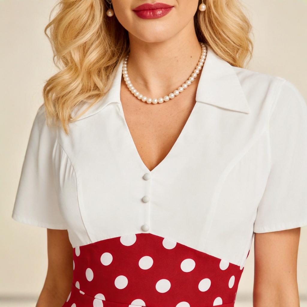 Retro Polka Dot Patchwork Kleid Damen Kurzarm V-Ausschnitt Mittellang Lang Temperament Elegant Französisches Kleid