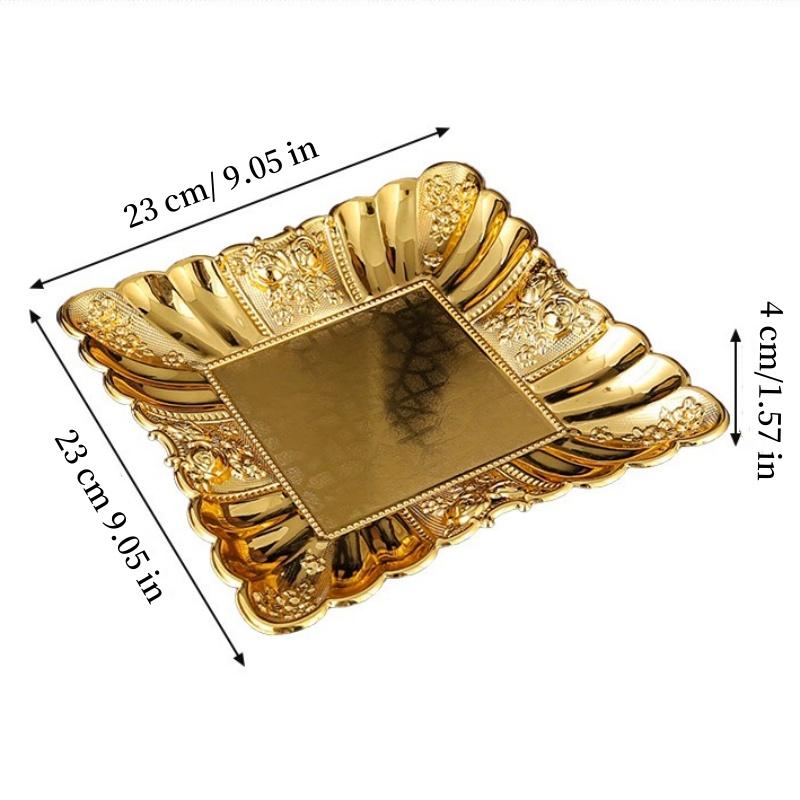 European Fruit Plate, Metal Square Relief Pattern Platter, Golden Retro Large Small Snack Disc, Home Living Room Decoration,1pcs