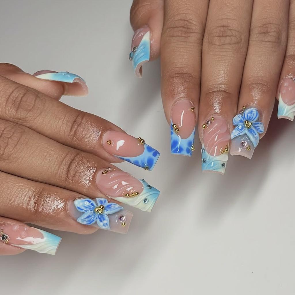 24PCS Blue Stripes French Press on False Nails with Glue Ins Style Simple Flowers Y2k Zebra Print Square Fake Nails for Women