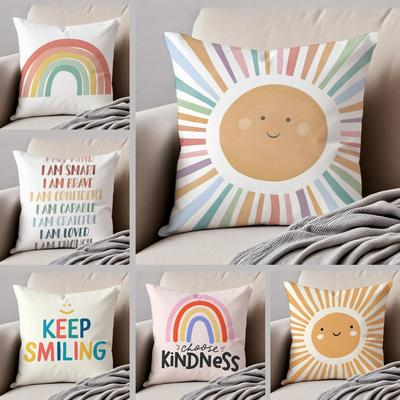 Colorful Cheerful Art Cartoon Rainbow Sun Cushion Cover Throw Pillow Cover Hidden Button Durable Polyester Chair Cushion