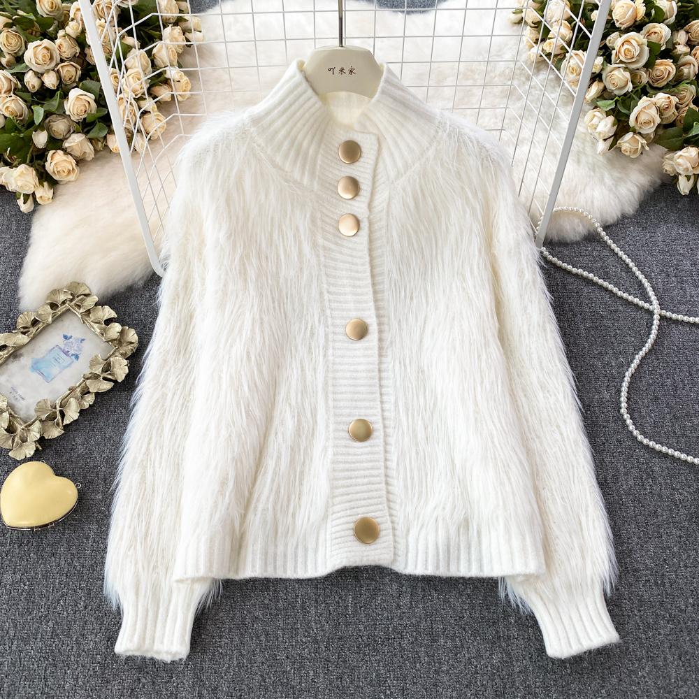 Imitation Mink Sweater Fashion Stand-UP Collar Loose Top Women's  Autumn/Winter Korean Soft Comfortable Cardigan Solid Coat