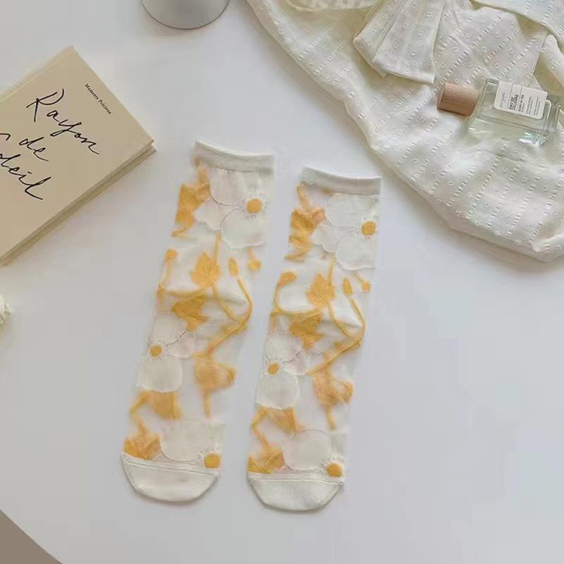 

Женские хрустальные цветочные гольфы до середины икры ультратонкие прозрачные - корейский стиль JK One Size