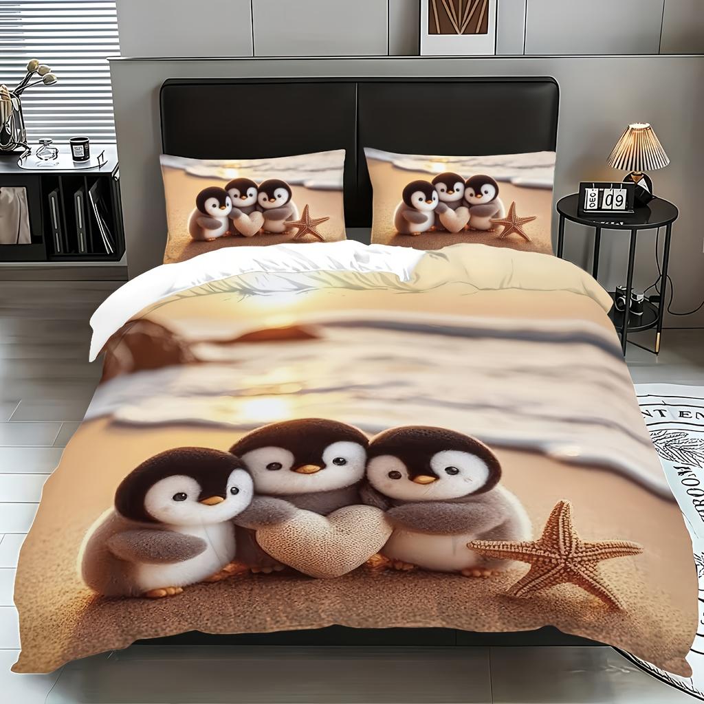 3ks sada (1 povlak na přikrývku + 2 povlaky na polštáře, bez výplně), penguin element digitální tisk měkký, světle béžový-přátelský Ložní set