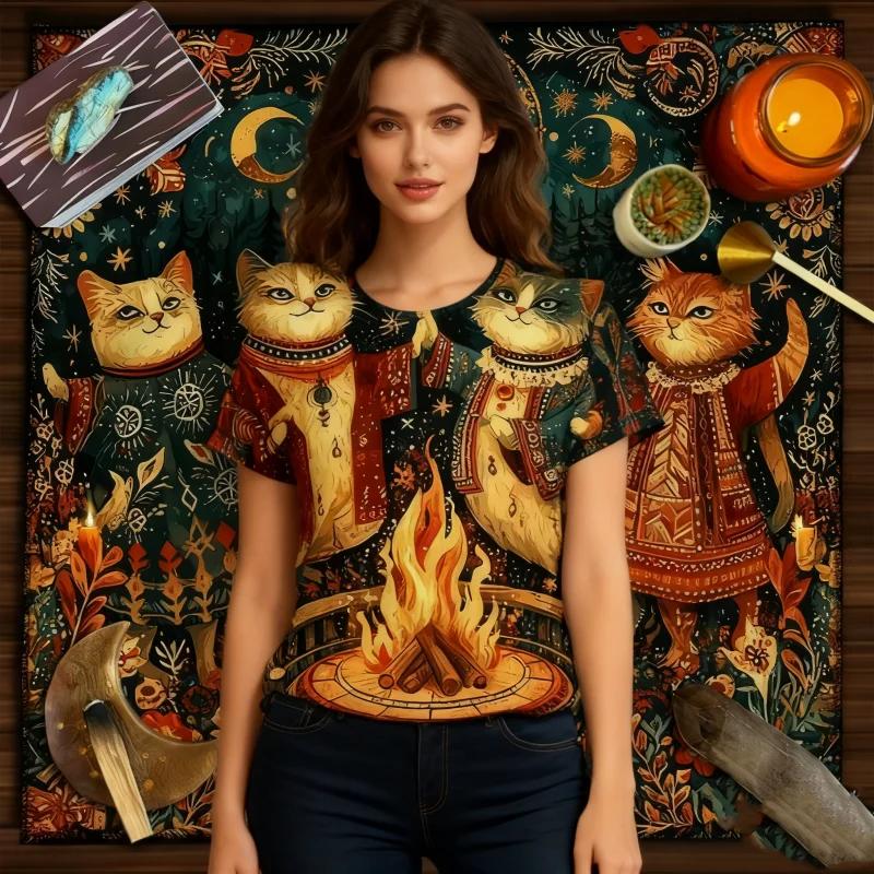 Summer Women's Elegant Personalized Cartoon Black Cat 3D Printed Top T-shirt Women's Casual Fashion Short Sleeve Top