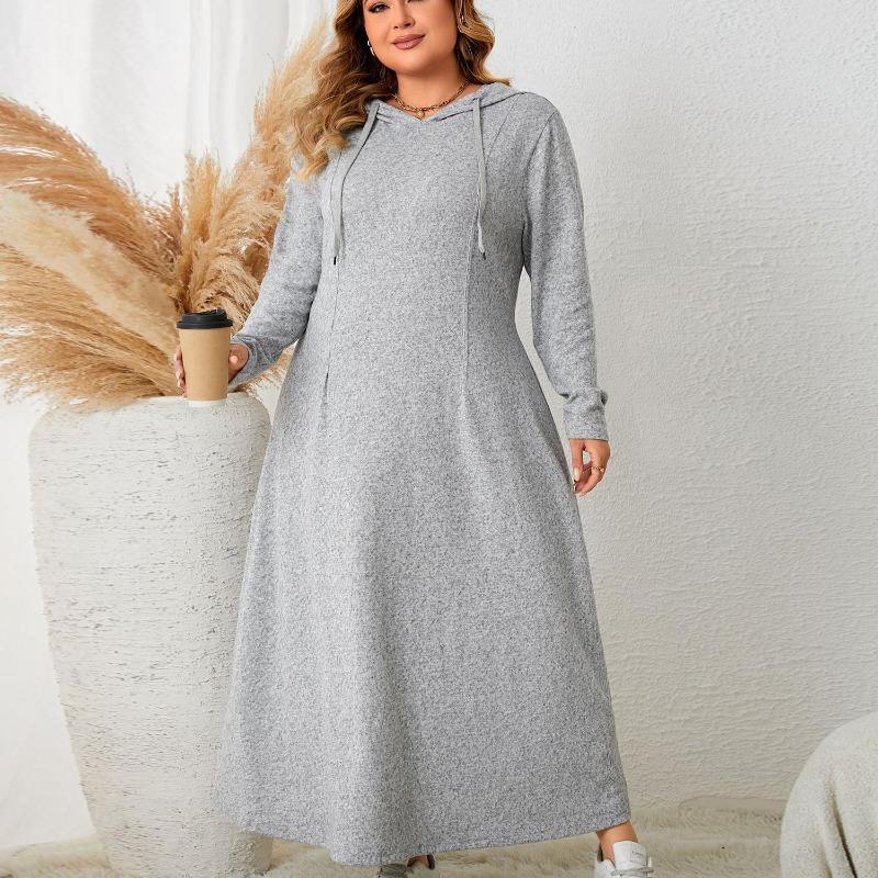Hooded Casual Long Dress for Women Long Sleeve V-neck Tie Neck High Waist Maxi Dress Loose Vacation Breathable Lightweight Comfortable Plus Dress