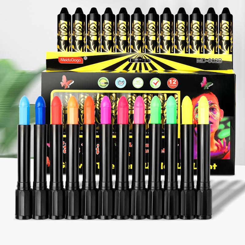 Luminous 12-Color Twist-Up Face Paint Crayon Set for Clean Hands and Halloween Body Art