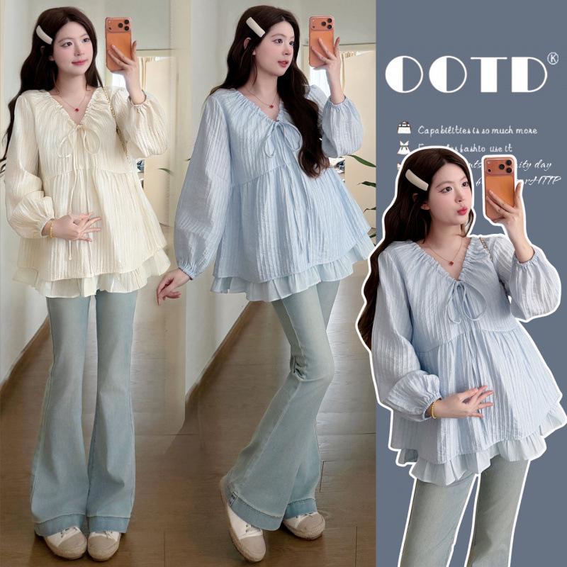 

Spring/Summer Maternity V-neck Chiffon Shirt with Loose Belly Covering and Lace-up Design, Korean Style. Extra Large синий