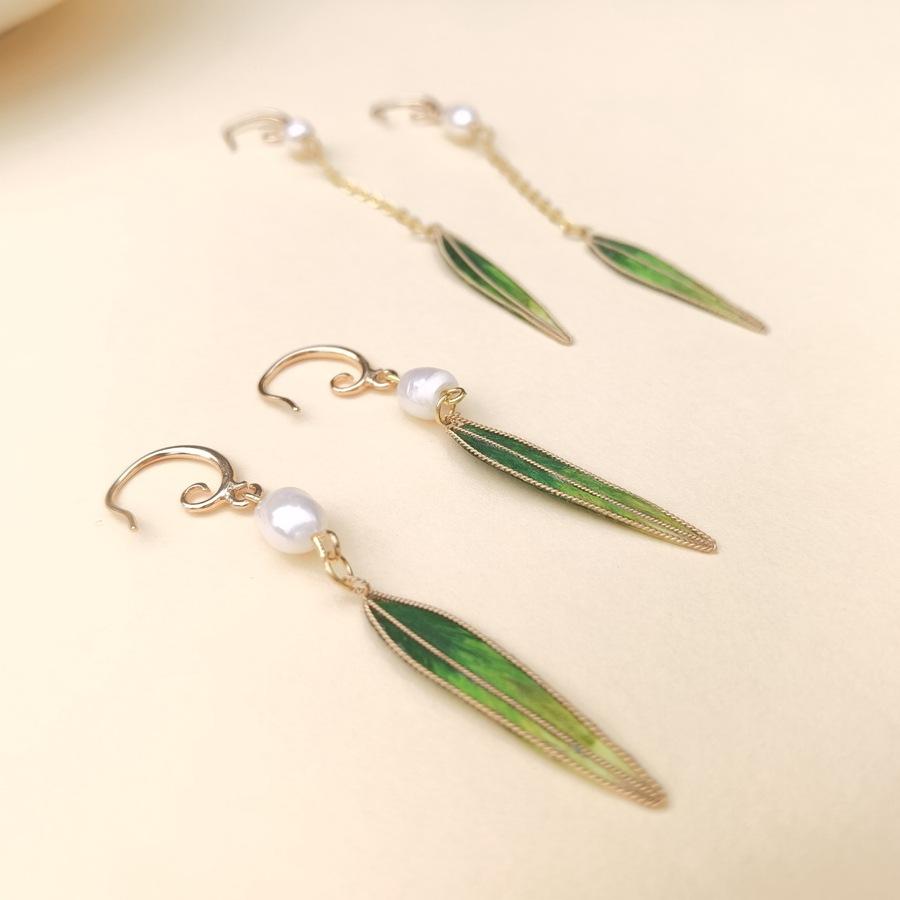 Intangible Cultural Heritage Filament Edelweiss Bamboo Leaf Green Fringed Earrings Retro Temperament Pearl Fashion Simple Wind Ear Jewelry