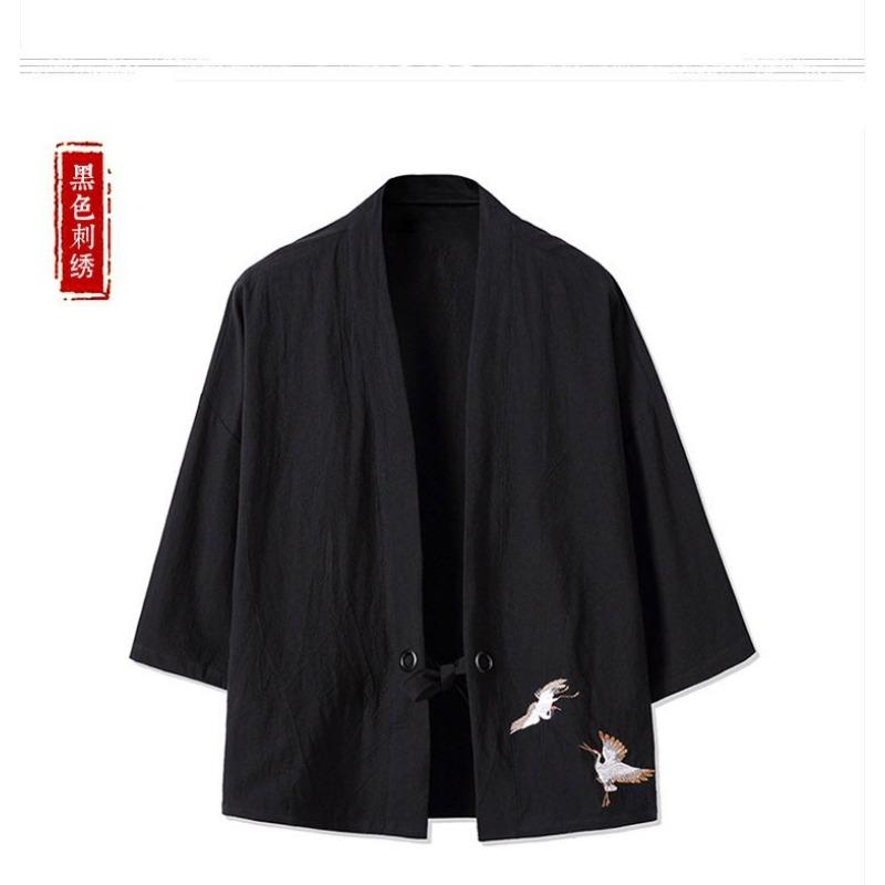 Men Chinese Style Retro Crane Embroidered Loose Open Front Hanfu Kimono Cardigan