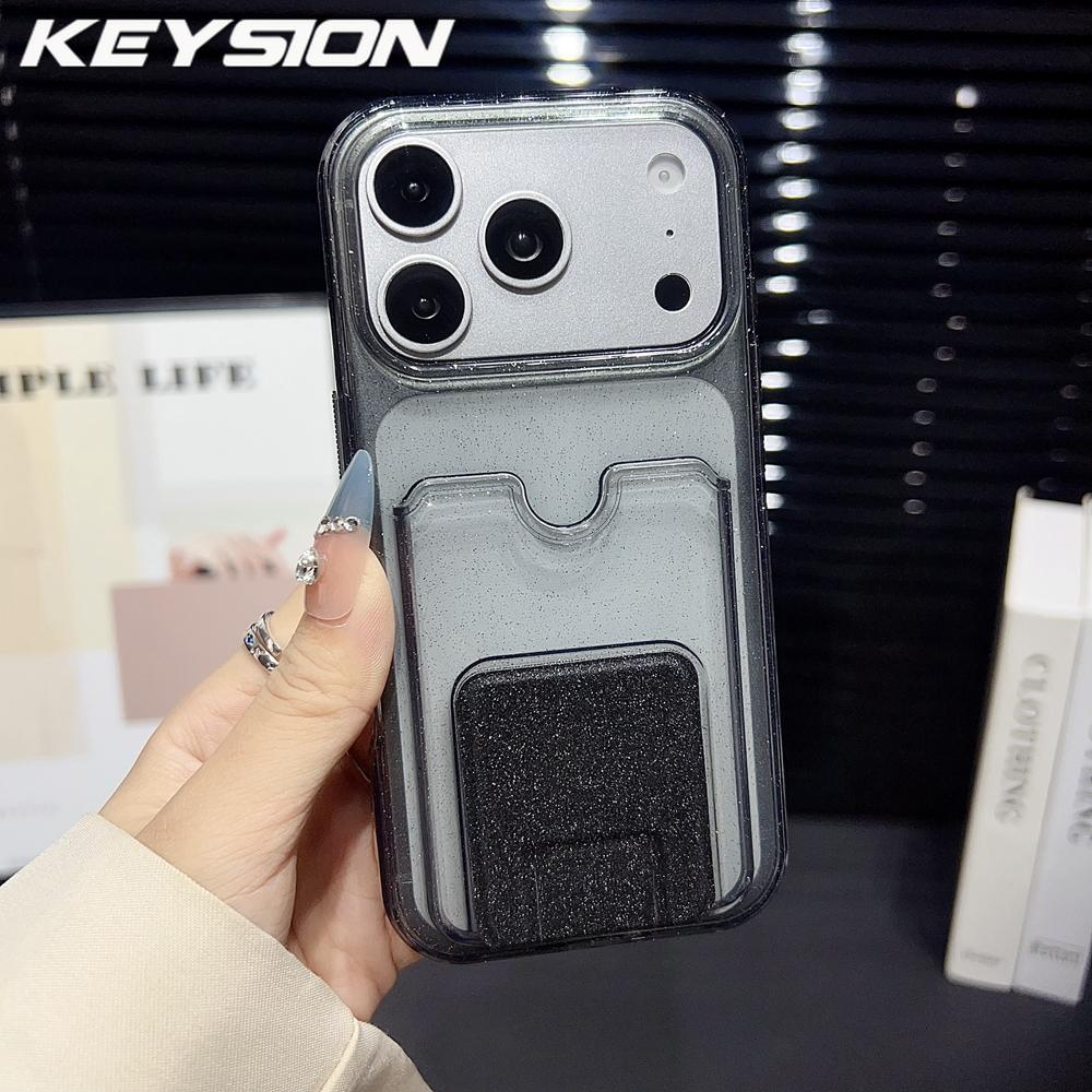 

KEYSION Card Slot Holder Bag Phone Case for iPhone 16 17 Pro Max 17 Air 16 Plus Transparent Glitter Kickstand Shockproof Cover for iPhone 17 чёрный