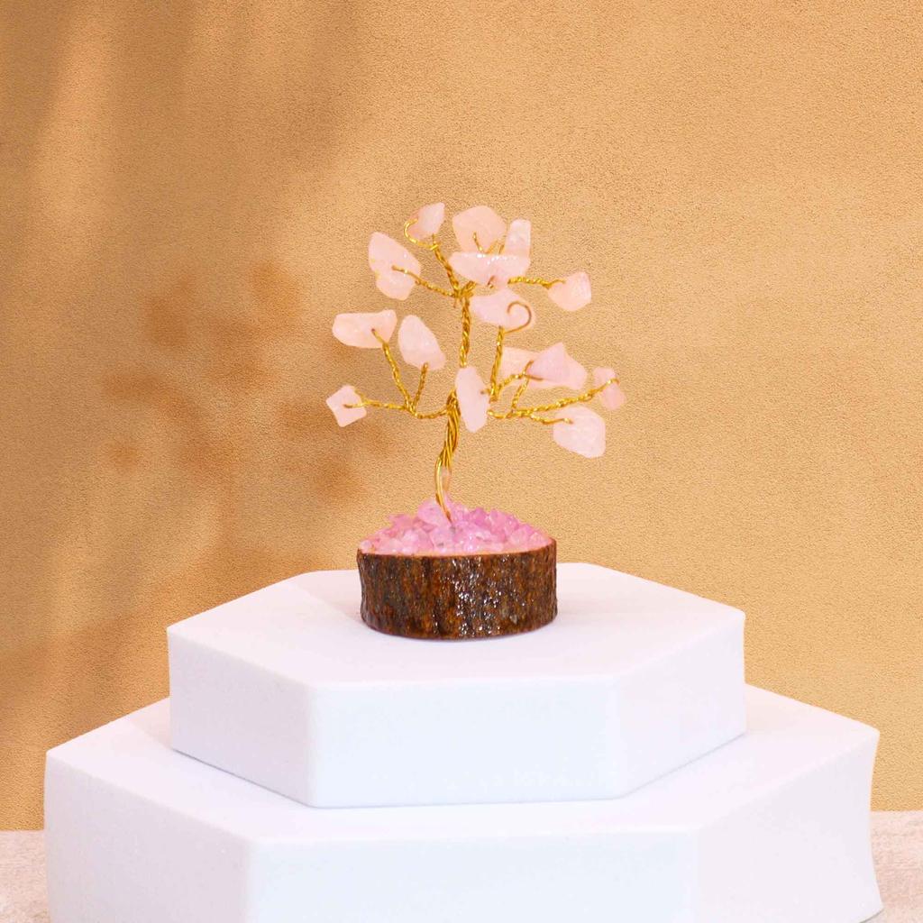 Rose Quartz Gemstone Tree Wood Base 15 Gemstones