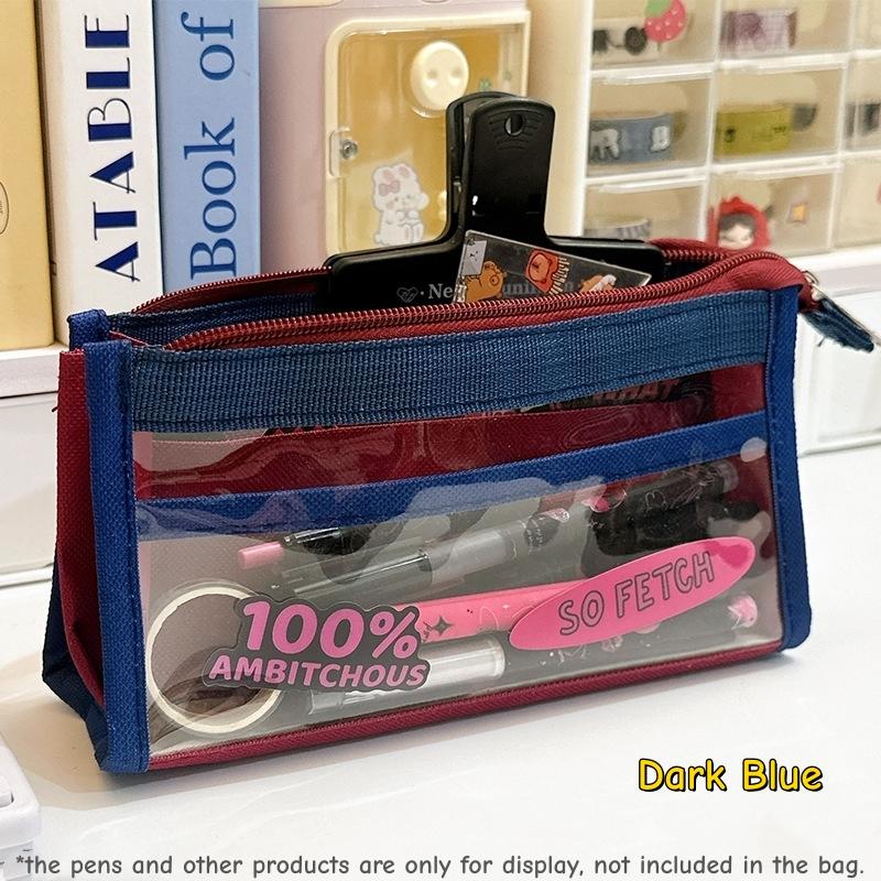 1 st Color Block Transparent PVC Pennskrin Penförvaringspåse för Prov Söta Färger Stor Kapacitet Flerlagers Kontorsmaterial